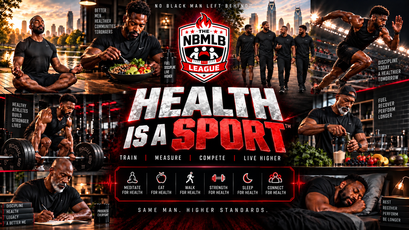 NBMLB Health Is a Sport league campaign featuring Black men training, eating, recovering, and connecting